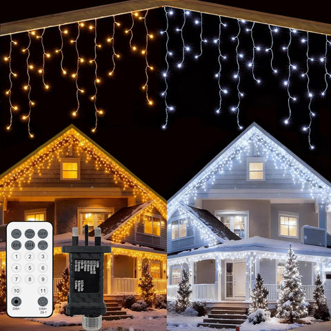 YOSION 500 LED Icicle Lights 15M/49ft – Warm White & White Colour Changing Curtain String Lights with Remote, Timer & Dimming for Christmas, Gardens & Gazebos - Turn Bare Spaces Into a Winter Glow
