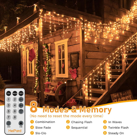 HeiPard 20m Outdoor Christmas Icicle Lights – 486 LED Warm White with Remote Control, 8 Modes, Timer & IP44 Weather Resistance - Turn Your Roofline Into a Warm Winter Welcome