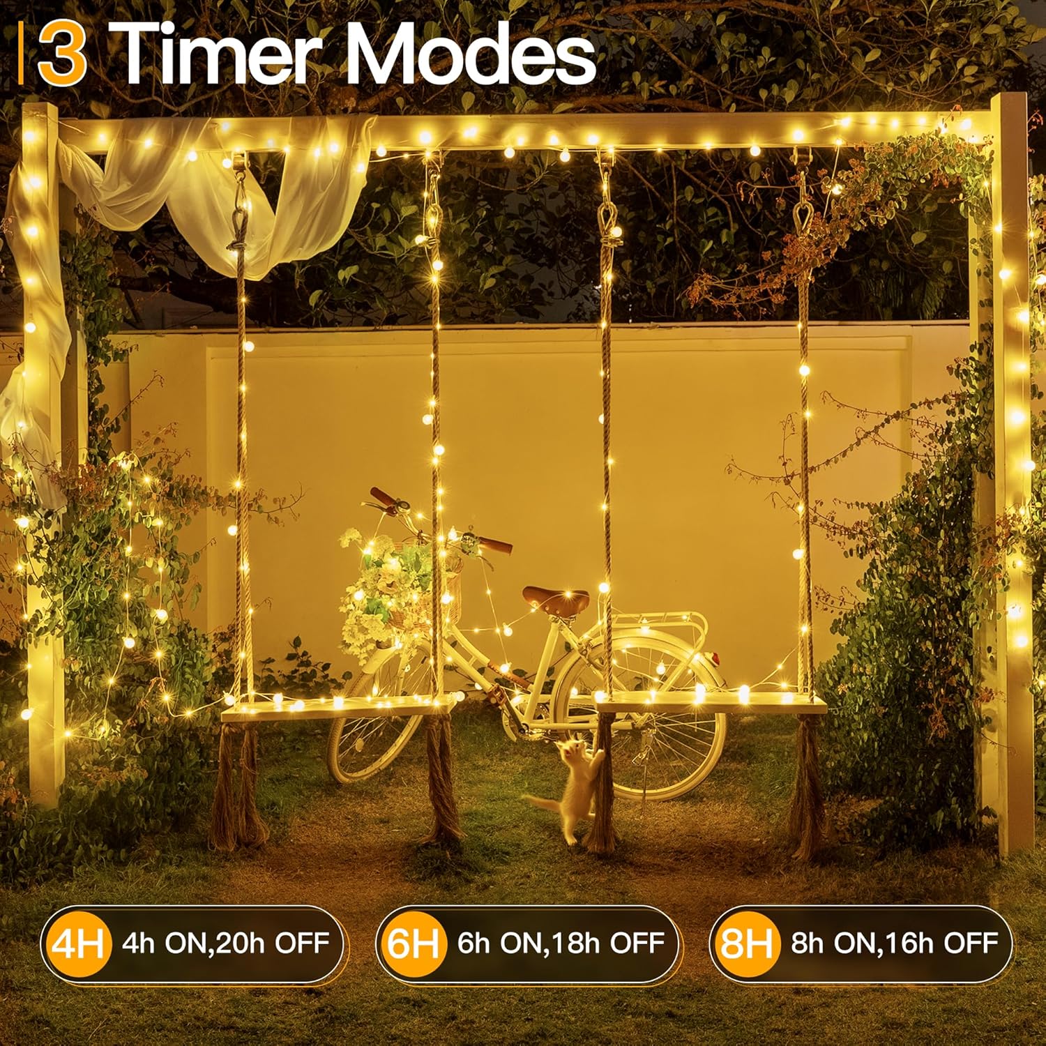Decorative setup with a bicycle under string lights, featuring timer modes on a screen.