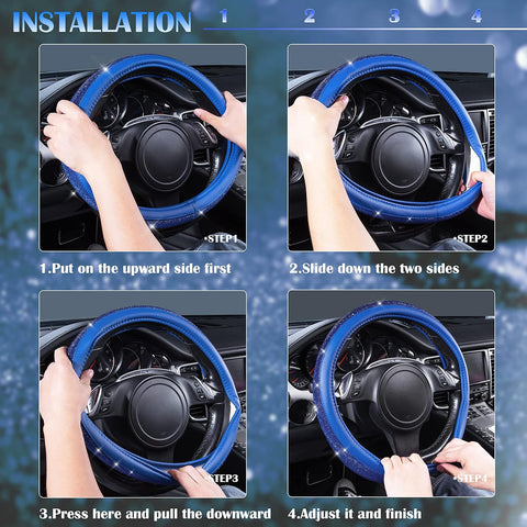 Bling Diamond Leather Steering Wheel Cover Blue