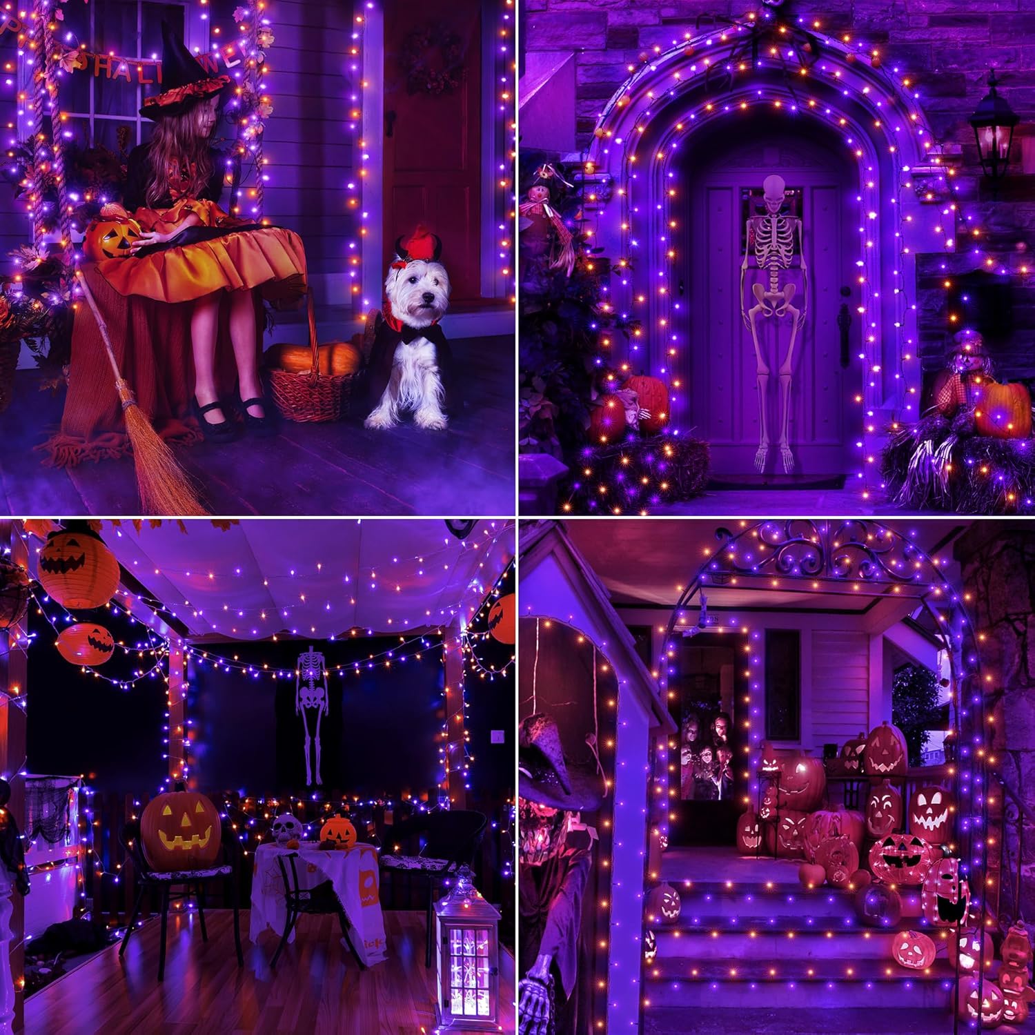 Halloween-themed decorations with purple lights, pumpkins, and a skeleton.