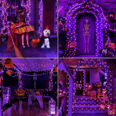 Halloween-themed decorations with purple lights, pumpkins, and a skeleton.