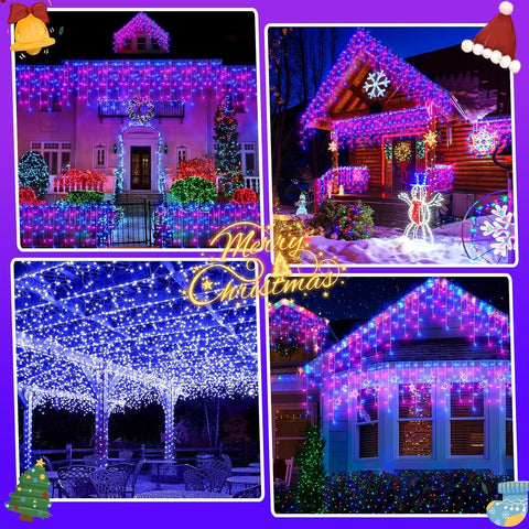 GlobaLink Christmas Icicle Lights 10m 400 LED Blue & Purple – Connectable Outdoor Fairy Lights with 8 Modes, Timer & Memory - Turn Your Roofline Into a Colourful Christmas Display