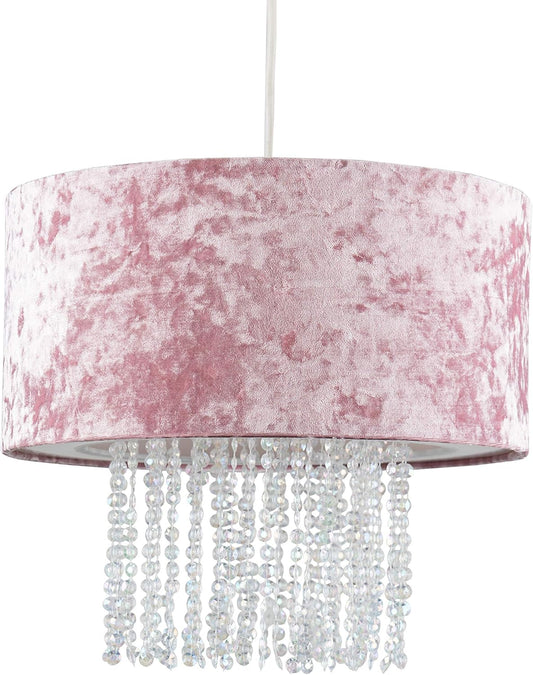 Modern Velvet Cylinder Ceiling Pendant Light Shade with Clear Acrylic Droplets