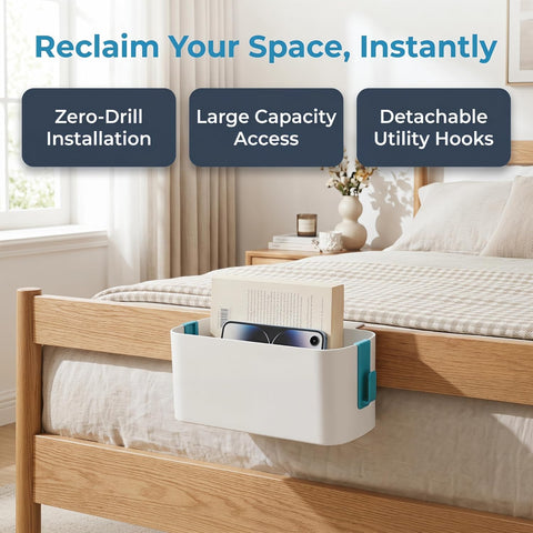 Lirynox 2-Pack Bedside Hanging Storage Baskets, Orange & Green ABS Plastic Bed Caddies with 4 Detachable Hooks, Tissue Holder & Space-Saving Organisers