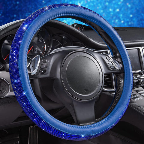 Bling Diamond Leather Steering Wheel Cover Blue
