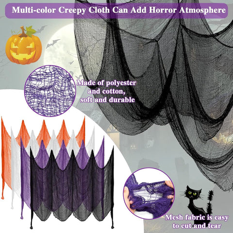 Halatool Halloween Creepy Cloth 4 Pack – Large 76 x 228 cm Cotton Gauze in Black, White, Orange & Purple for Indoor & Outdoor Spooky Decorations