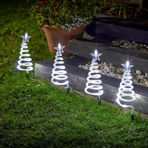 Festive Fix 40 LED Spiral Christmas Tree Pathway Lighting - Set of 4 White Outdoor Christmas Decorations for Garden Paths, Energy-Efficient Xmas Lights for Pathway, Festive Yard & Holiday Displays