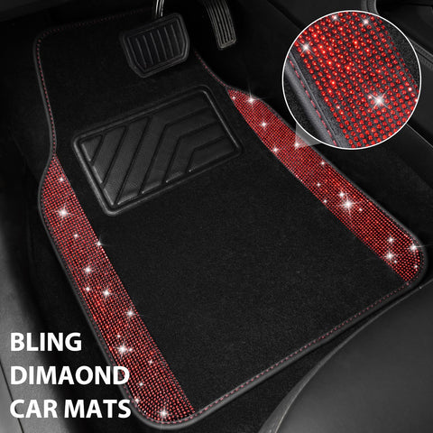 Bling Diamond Car Mats – Sparkly Rhinestone Glitter Floor Mats (Black Red)
