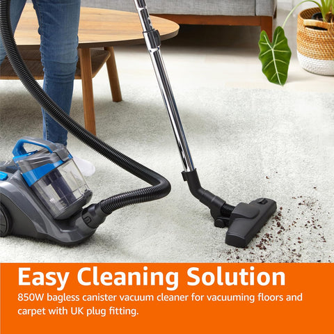 Amazon Basics 850W Bagless Cylinder Vacuum Cleaner 1.7L – Compact Lightweight Design with Triple-Action Nozzle & HEPA Filter – Black & Blue (UK)