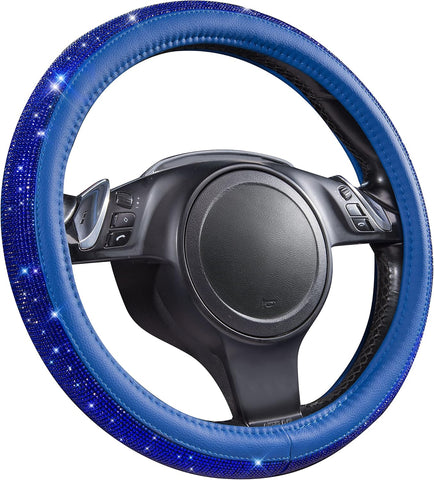 Bling Diamond Leather Steering Wheel Cover Blue
