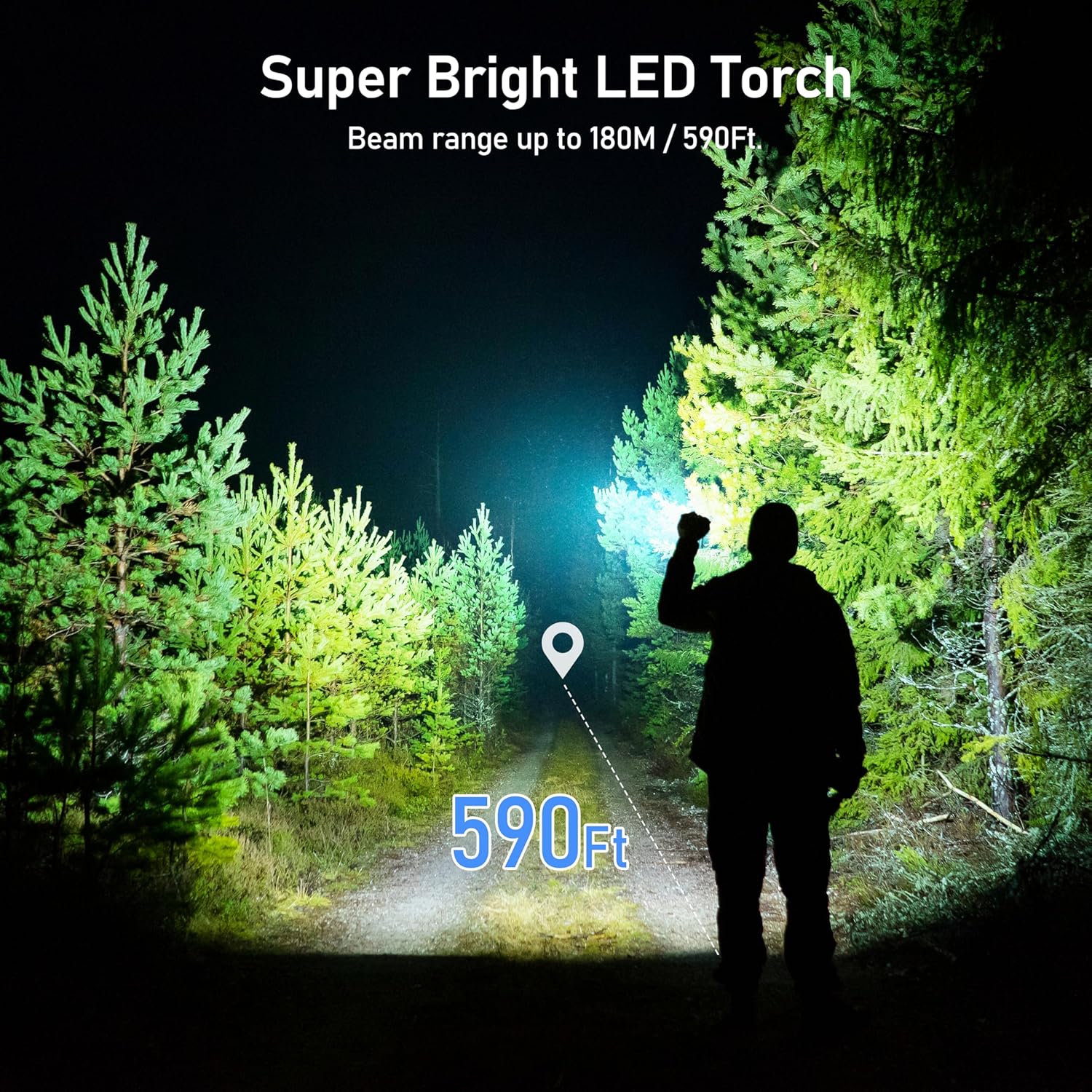 Person holding a super bright LED torch in a forest at night, with text indicating beam range.