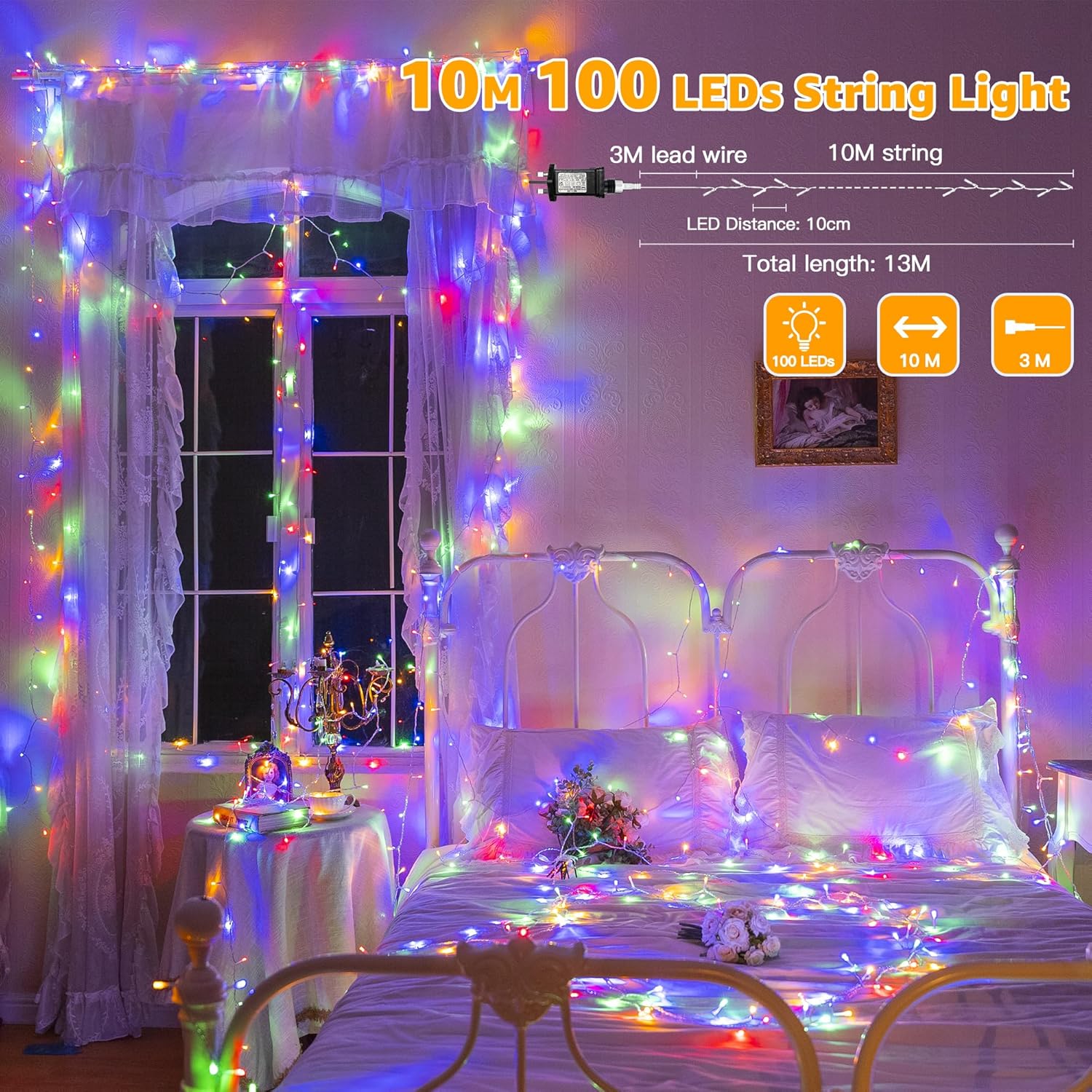 String lights decorating a bedroom with a bed and window.