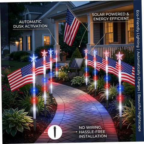4th of July Decorations Outdoor Red White and Blue Solar Lights Outdoor 8 Flag 4th of July Decorations Led Star Stake Lights Patriotic Yard Decor