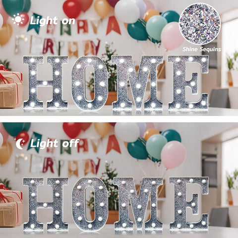 D Style LED Marquee Lamp, Silver Glitter Light Up Letter Sign, Battery Powered Tabletop Decorative Letter Light with On/Off Switch for Wedding, Birthday, Party and Home Decor