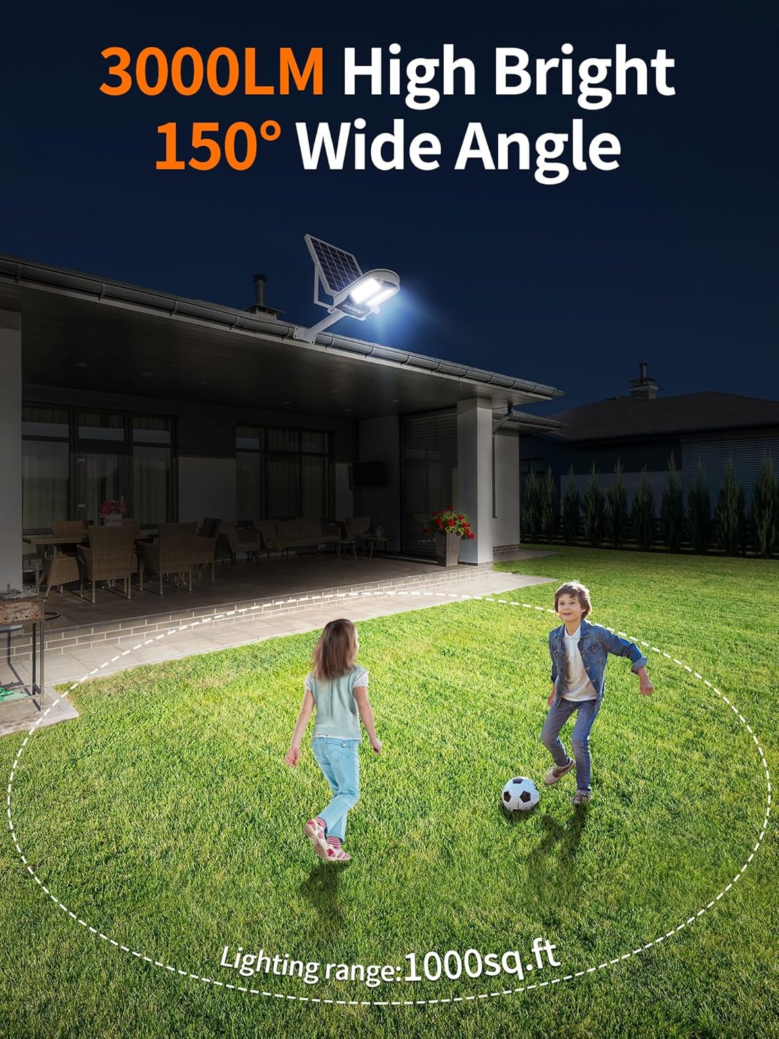 Solar light fixture illuminating a backyard with two children playing soccer, highlighting its wide-angle and high brightness features.