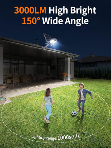 Solar light fixture illuminating a backyard with two children playing soccer, highlighting its wide-angle and high brightness features.