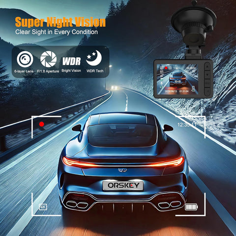 ORSKEY A12 4K Front & Rear Dash Cam with 5GHz WiFi, 64GB SD, Black