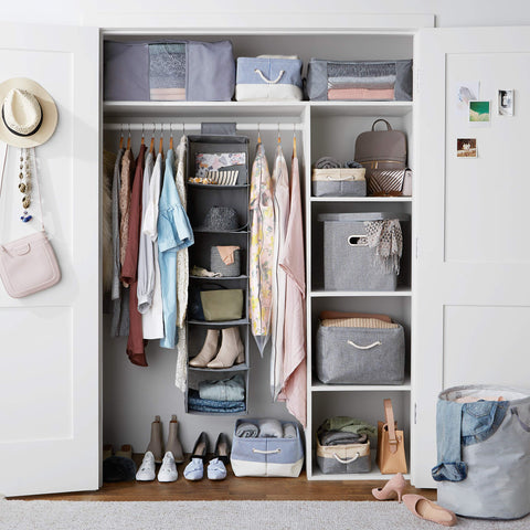 Amazon Basics 6-Tier Hanging Wardrobe Organiser, Grey Fabric Closet Shelf with 6 Compartments, Space-Saving Clothes and Accessories Storage for Bedrooms