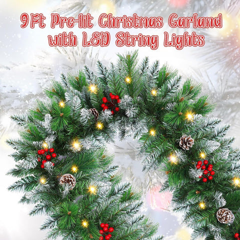 Pre-lit Artificial Christmas Garland 9Ft Green with Red Flowers