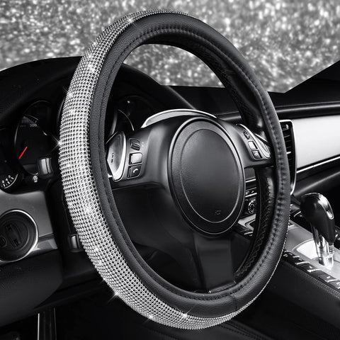 Car Pass Bling Diamond Leather Steering Wheel Cover – Silver