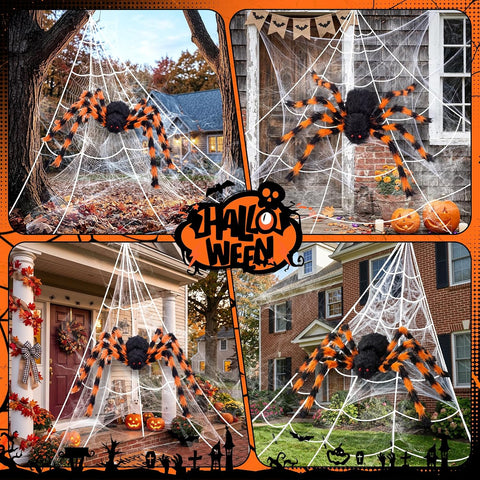 BOSONER Giant Spider Web Halloween Decorations with 50-Inch Large Spider & 16.4 × 15.7 ft Web – Outdoor Halloween Decorations for Gardens, Front Doors, Parties & Haunted Houses