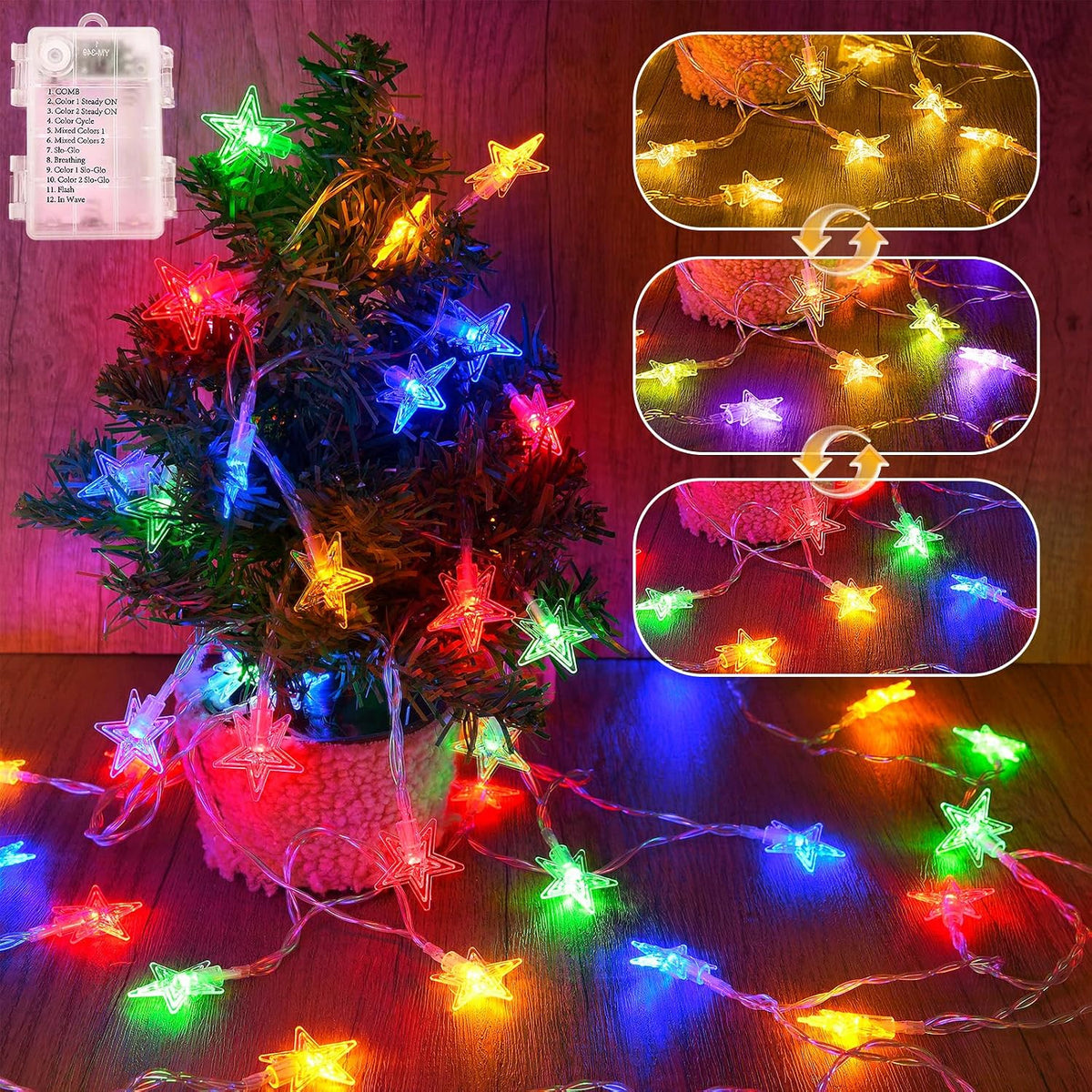 Christmas Lights Battery Operated Star Fairy Lights – 20 LED Colour Changing Christmas Star Lights with 12 Modes, 6-Hour Timer & IP44 Waterproof Design for Indoor & Outdoor Decorations
