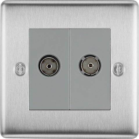 Double Co-Axial TV and Radio Socket – Brushed Steel