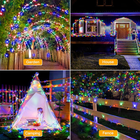 Collage of colorful string lights in various settings including a garden, house, camping area, and fence.