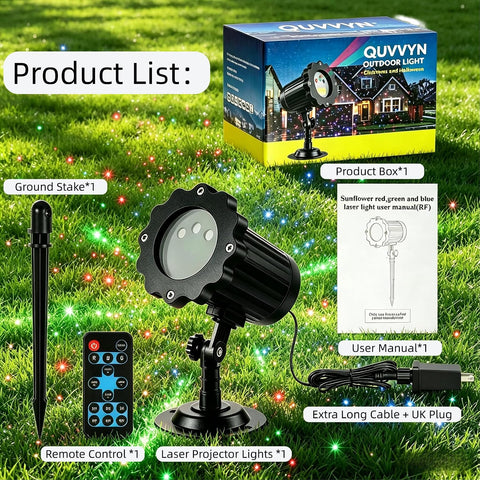 QUVVYN Outdoor Christmas Laser Projector Lights – RGB Moving Starry Laser with Remote Control, Timer, IP65 Waterproof Garden & Party Decoration