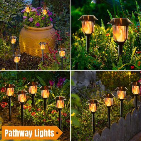 Dynaming 6 Pack Solar Flickering Flame Pathway & Hanging Lantern Lights, Black Plastic, Auto On/Off, Waterproof for Outdoor Decoration