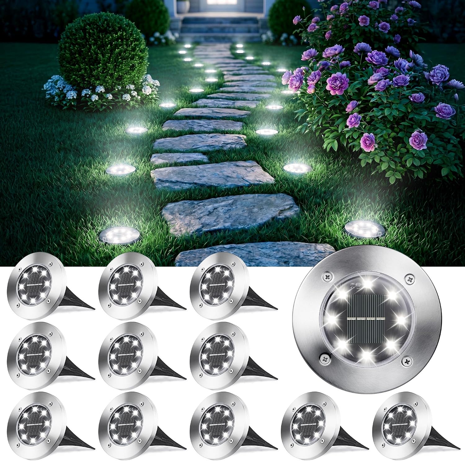OULONGER 4.6inch Solar Ground Lights 10Packs, Garden Solar Outdoor Waterproof Pathway Bright In-Ground Landscape Lights for Patio, Lawn, Yard, Driveway, Step and Walkway(Warm Light)