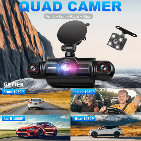 GEMEK 4-Channel 360° Dash Cam with 1080P Front & Rear, Night Vision