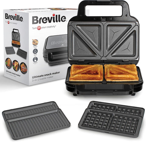 3-in-1 Snack Maker – Toastie, Waffle & Panini Press | Deep Fill, Removable Non-Stick Plates | Black & Steel [VST098]