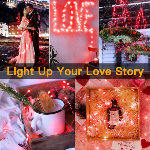 10m Red Battery Operated Fairy Lights, 100 LED Waterproof Copper Wire String Lights for Indoor Outdoor Valentine’s Day, Wedding, Bedroom & Party Decor