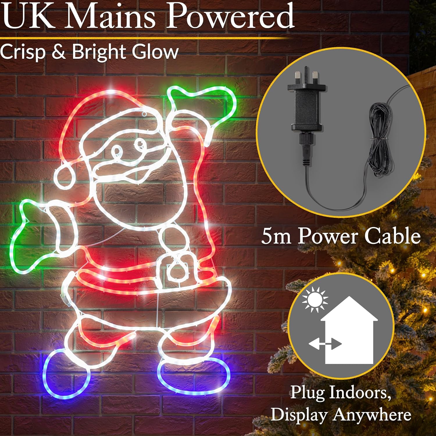 Large outdoor Santa rope light decoration on porch wall