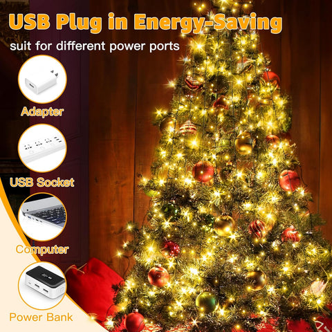 Ollny Warm White 250 LED Cascading Christmas Tree Lights – USB Plug