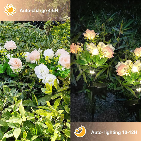 2 Pack Rose Solar Flower Outdoor Lights, Waterproof IP65 Garden Light, Rose Petal Design for Patio, Yard, Fence, Garden Ornament，Mother Birthday Gifts.（Champagne White ）