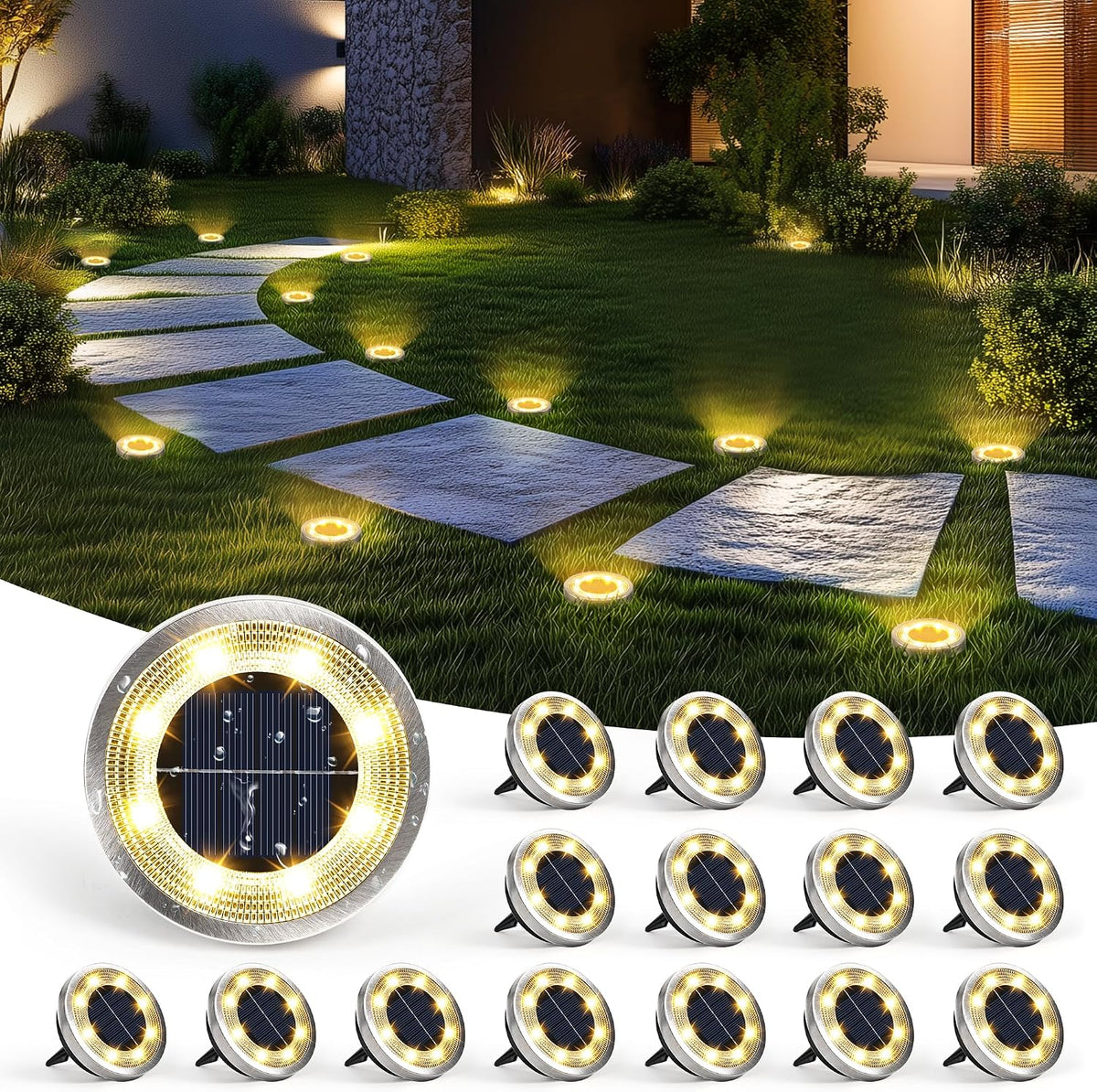 Solpex Solar Lights Outdoor Garden, Solar Powered Ground Lights, IP65 Waterproof Garden Lights for Yard, Patio, Pathway (Warm White,16 Pack)