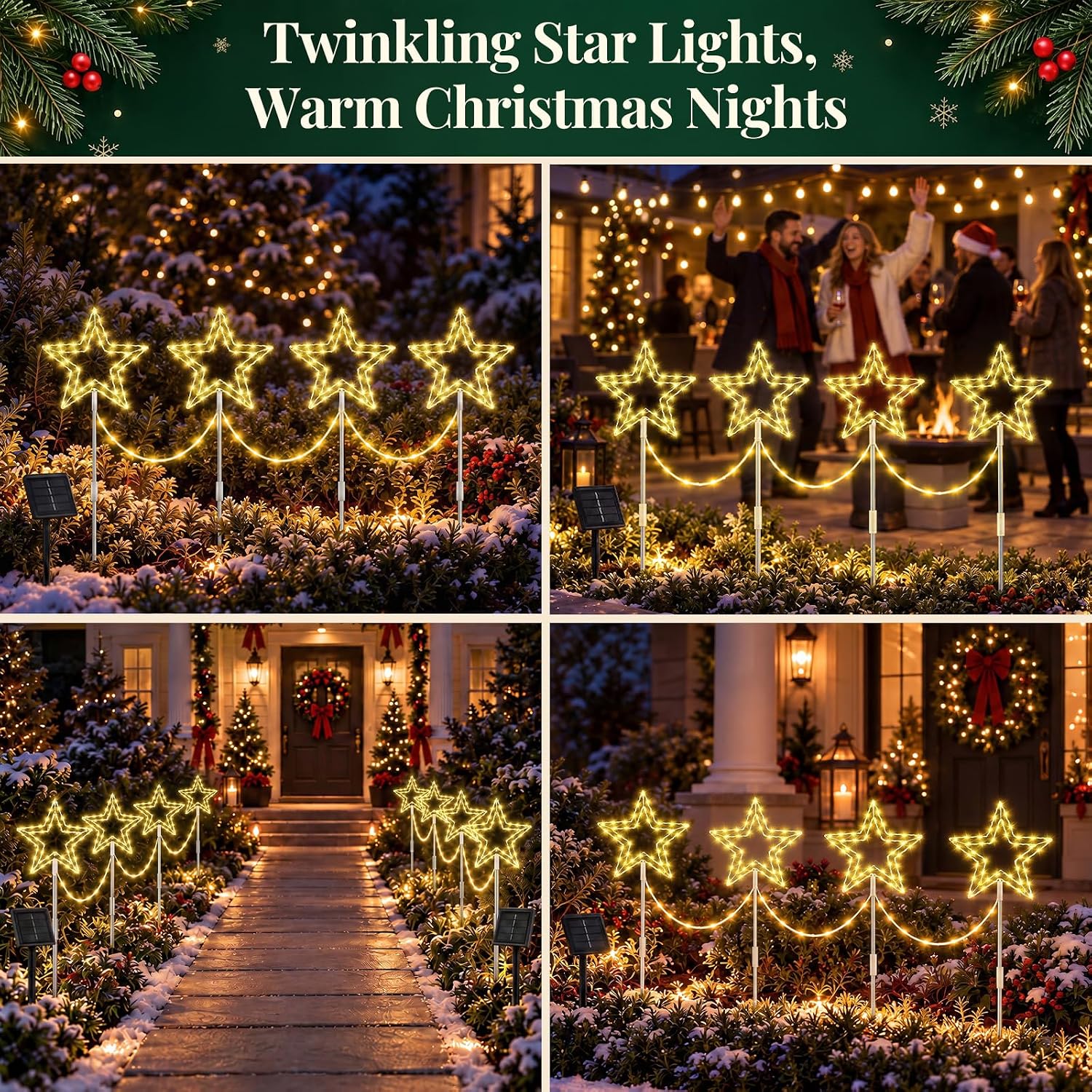 Lewondr 4 Pack Star Christmas Decorations Outdoor with 8 Lighting Modes
