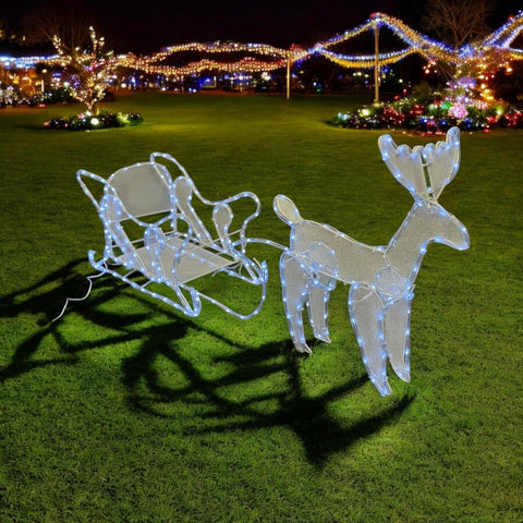 Christmas Reindeer & Sleigh Light Decoration with 240 White LEDs – Battery Operated