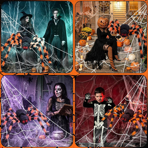 BOSONER Giant Spider Web Halloween Decorations with 50-Inch Large Spider & 16.4 × 15.7 ft Web – Outdoor Halloween Decorations for Gardens, Front Doors, Parties & Haunted Houses