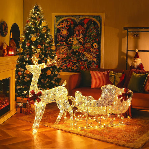 Costway Light Up Reindeer Sleigh Christmas Decoration with 215 Warm White LEDs