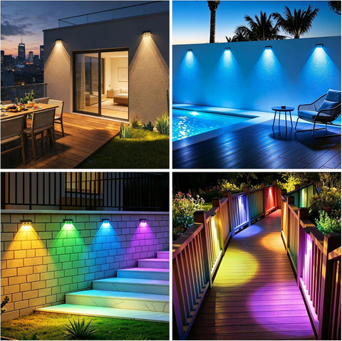 sununiny Solar Fence Lights Outdoor,3 Lens Solar Lights Outdoor Garden IP65 Waterproof 9 Colors 11 Lighting Modes,Outside Wall Light for Garage,Backyard/Railing/Patio/Pool,4 Pack [Energy Class A+++]