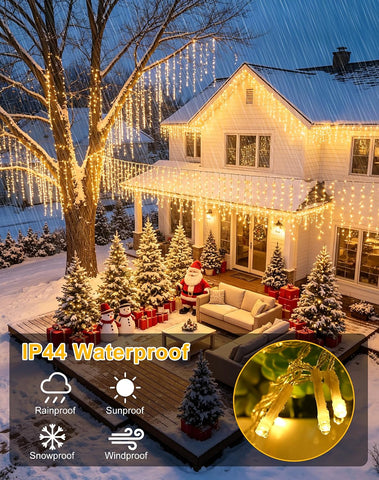 5m 200 LED Icicle Christmas Lights – Warm White Waterproof Outdoor Hanging Fairy Lights with 8 Modes, Timer & Dimmable Brightness for Roof Edges, Balconies & Patios - Give Your Home That Cosy Christmas Glow