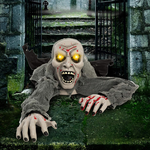 JOYIN Halloween Light-Up Zombie Groundbreaker with Motion-Activated Creepy Sound & Flashing Eyes – Animated Outdoor Zombie Decoration for Gardens, Lawns, Patios & Haunted Houses