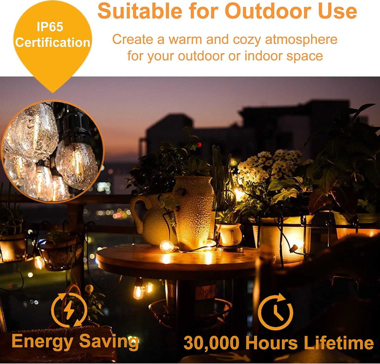 Outdoor Garden String Lights Mains Powered 100FT/30m, Waterproof IP65 Festoon Lights Outdoor with 30+2 LED Shatterproof Bulbs for Outside Terrace Patio Party Wedding Yard, 2700K Warm White
