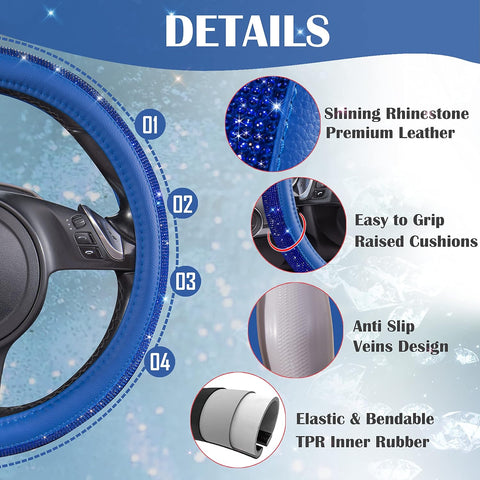 Bling Diamond Leather Steering Wheel Cover Blue