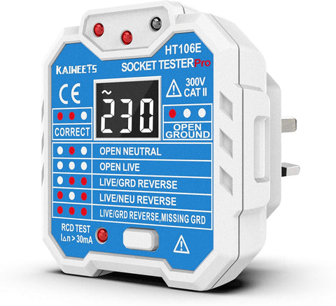 KAIWEETS HT106E Socket Tester UK, RCD Plug Socket Tester Electrical Voltage Tester with LCD Display for Neutral/Live/EarthWire/RCD Testing, CAT II 300V, Includes 7 Visual Indications and Wiring Legend