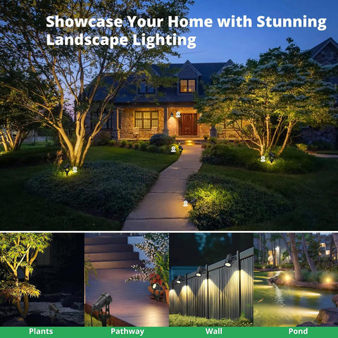 Garden Spotlights Mains, 14 M, 4-in-1 Outdoor LED Spotlight, Warm White, 3000 K, 12 V, IP65 Waterproof Garden Uplighter, Landscape Floodlight for Patio, Party, Outdoor, Trees, Lawn